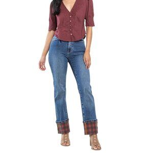 NWT Judy Blue Plaid Cuffed High Rise Straight Leg Medium Wash Size 0/24 JB88707